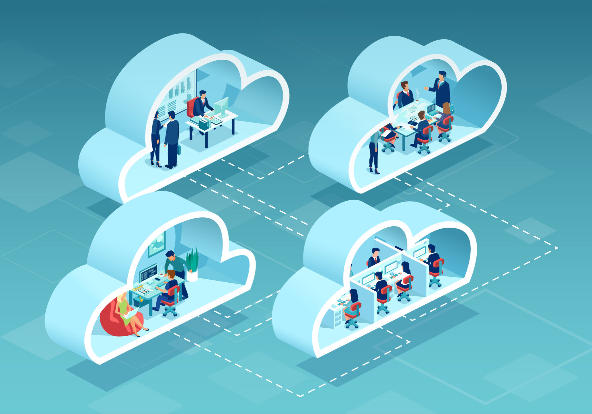 Vector of business people working in offices using cloud data storage service